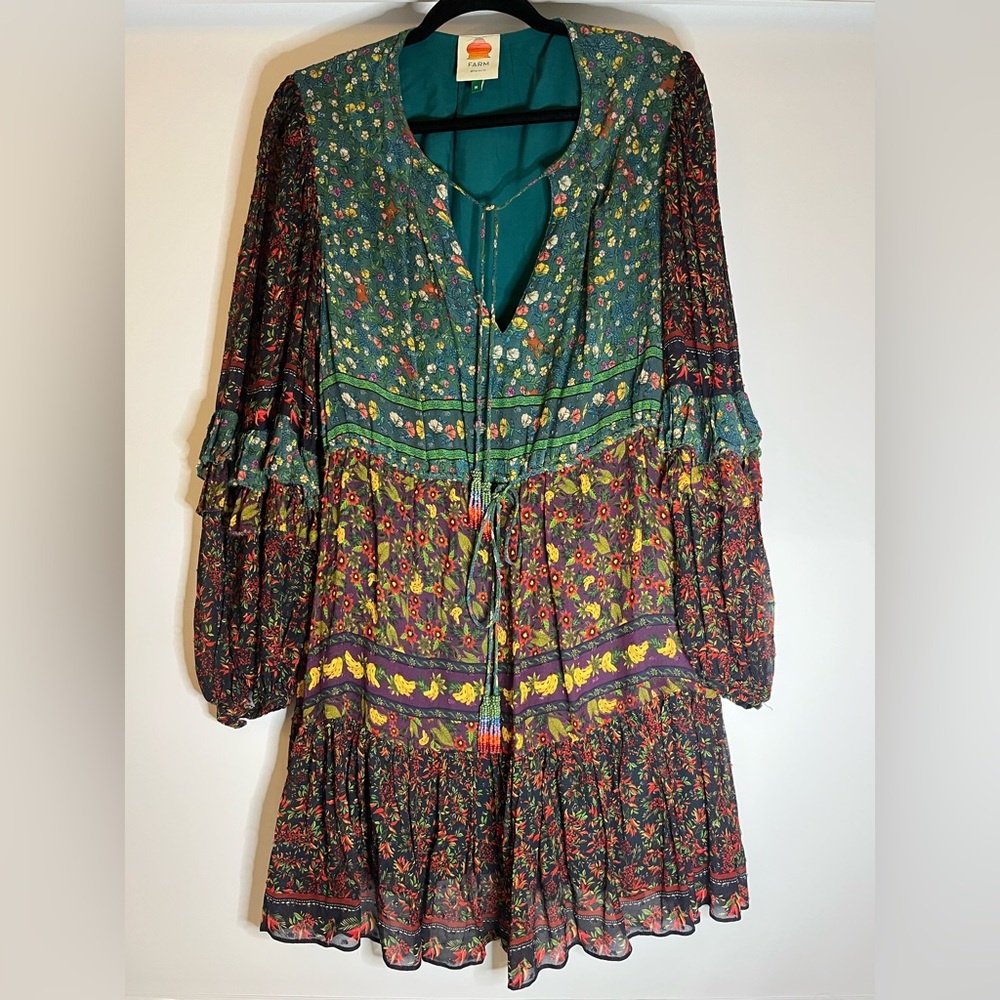 Farm Rio Jungle Floral Bohemian Beaded Tassel Mini Dress- Size M